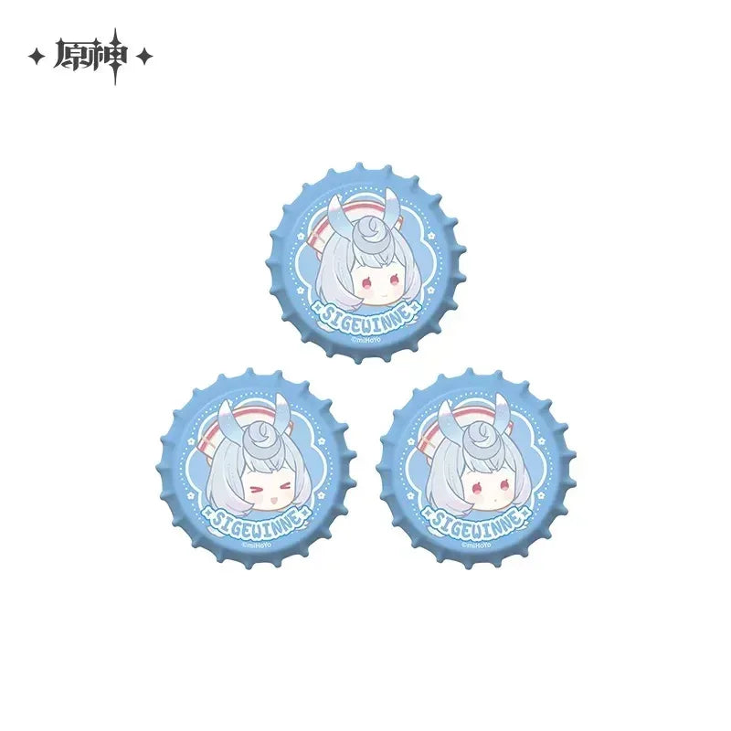 Genshin Impact Fragrant Fantasy Series Merch Bottle Cap Badge Set - Sigewinne ACG Go Anime www.acg-go.com Aether, Art Decor, Badge, Card, Emilie, Furina, Lumine, Navia, Sigewinne, Stand
