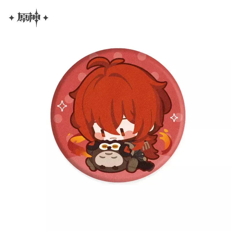 Genshin Impact Chibi Character Plush Badge Diluc - Dark Side Of The Dawn ACG Go Anime www.acg-go.com Badge, Character Artwork, Diluc, Fischl, Gorou, Klee, Plush, Tartaglia, Thoma, Venti, Xiangling, Xiao, Zhongli