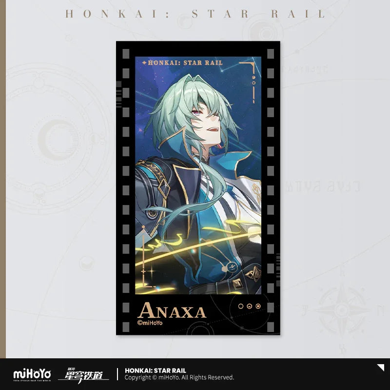 Invitation From The Stellar Series Imitation Film Card Honkai: Star Rail Anaxa ACG Go Anime www.acg-go.com Acheron, Aglaea, Argenti, Art Decor, Aventurine, Bailu, Black Swan, Blade, Boothill, Dan Heng • Imbibitor Lunae, Dr. Ratio, Feixiao, Firefly, Fu Xuan, Fugue, Huohuo, Jade, Jiaoqiu, Jing Yuan, Jingliu, Kafka, Lingsha, Luocha, March 7th, Mydei, Rappa, Robin, Ruan Mei, Seele, Serval, Silver Wolf, Sparkle, Sunday, The Herta, Topaz, Tribbie, Yunli