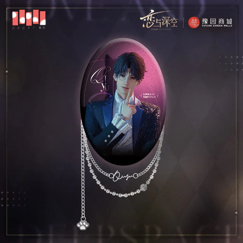 Meow's Time Series Elliptical Chain Tinplate Badge Love and Deepspace Rafayel ACG Go Anime www.acg-go.com Badge, Love and Deepspace, Rafayel, Sylus, Xavier, Zayne