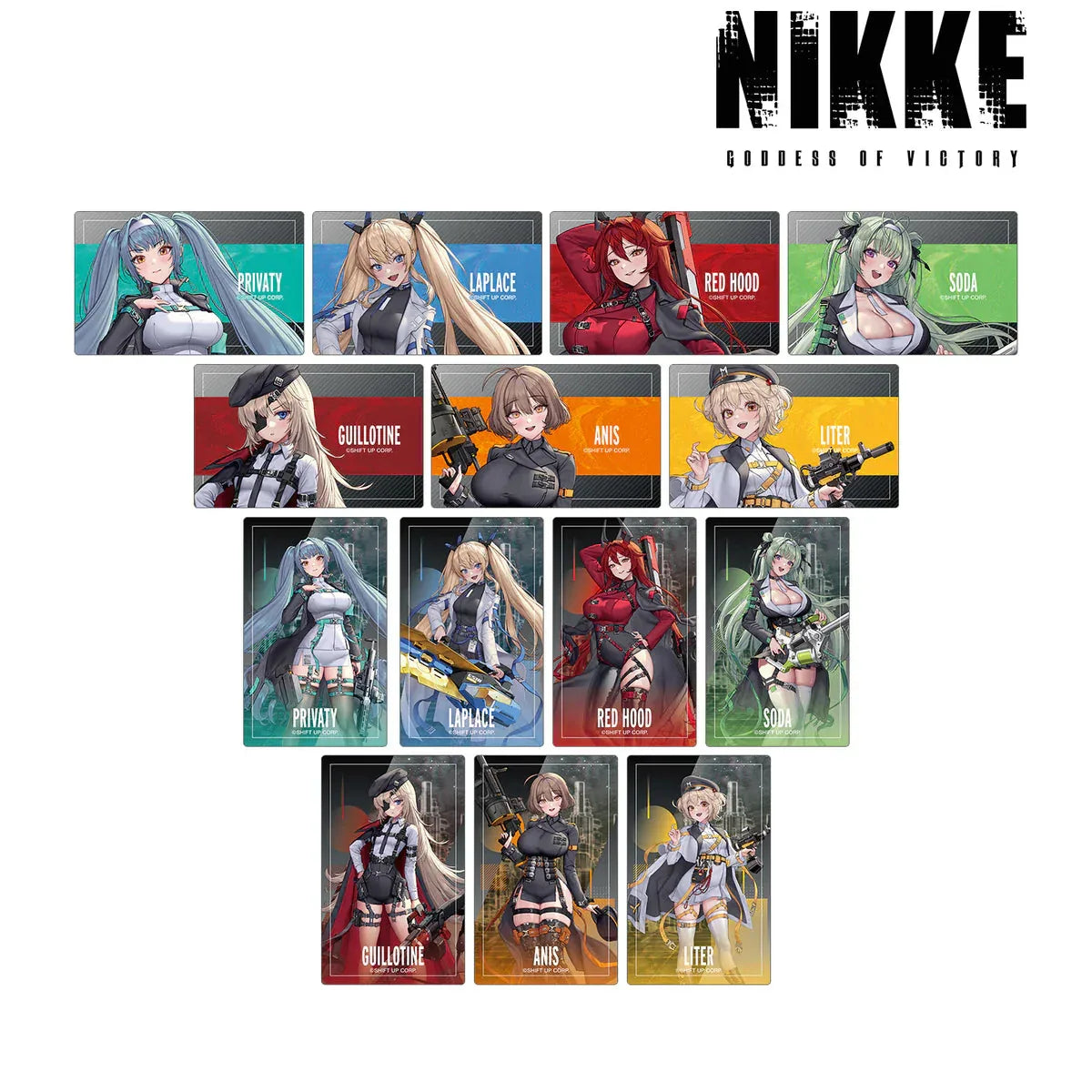 LOVECACAO Illustration Tactical Fashion Ver. Trading Acrylic Card(BOX) GODDESS OF VICTORY: NIKKE All Set (14 pcs) ACG Go Anime www.acg-go.com Anis, Guillotine, Laplace, Litter, Mystery Box, Privaty, Red Hood, Soda