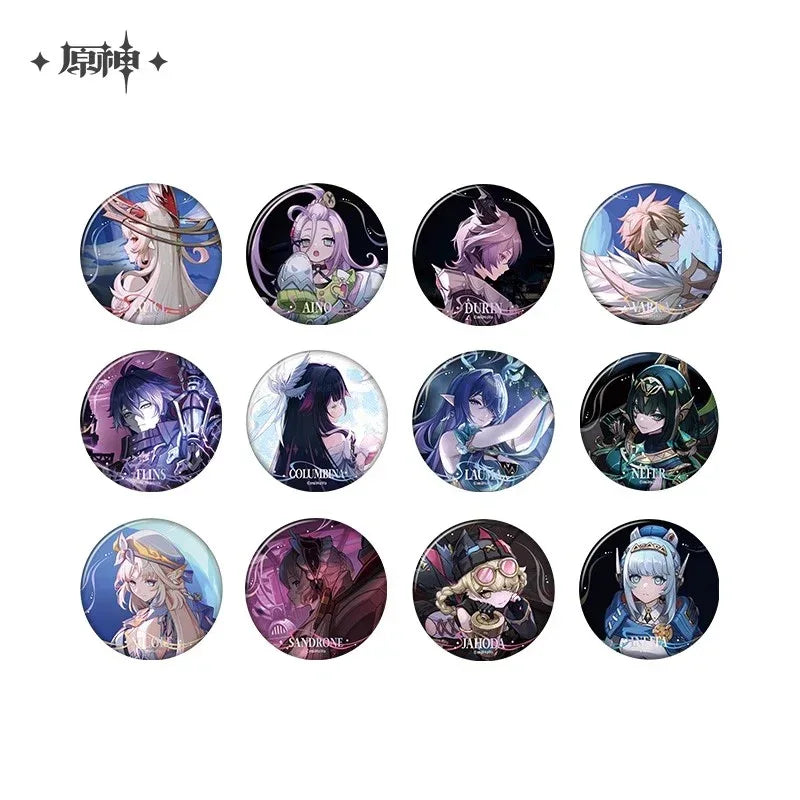 Genshin Impact Moonlit Ballad of the Night Series Badge Aino ACG Go Anime www.acg-go.com Aino, Alice, Badge, Colombina, Durin, Flins, Genshin Impact, Ineffa, Jahoda, Lauma, Nefer, Nicole Reeyn, Sandrone, Varka