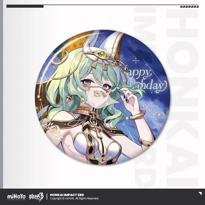 Honkai Impact 3rd 2025 Happy Birthday Series Tinplate Badge Mobius ACG Go Anime www.acg-go.com Badge, Durandal, Fu Hua, Li Sushang, Mobius, Raiden Mei, Rita, Theresa