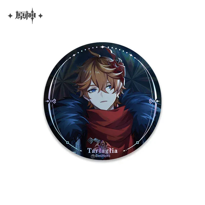 Genshin Impact A Winter Night's Lazzo Series Merch Badge - Tartaglia ACG Go Anime www.acg-go.com Arlecchino, Art Decor, Badge, Columbina, Il Capitano, Il Dottore, Pantalone, Pierro, Pulcinella, Sandrone, Tartaglia